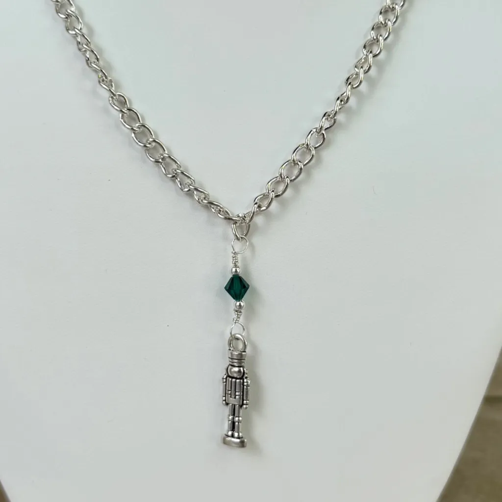 Hand Crafted Antique Silver Toy Soldier with Green Crystal Chain Necklace - Image 2