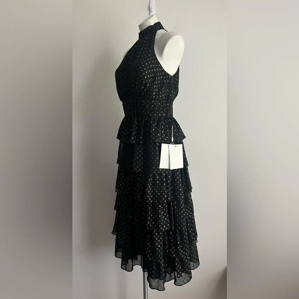 Mac Duggal Black Layered Polka Dot Cocktail Dress in Black/Gold, NWT, Size 8 - Image 7