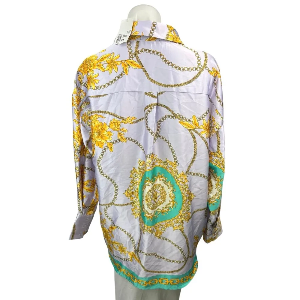 NEW Forever Purple Silk Satin Scarf Chain Floral Button Down Shirt Top Size XS - Image 2