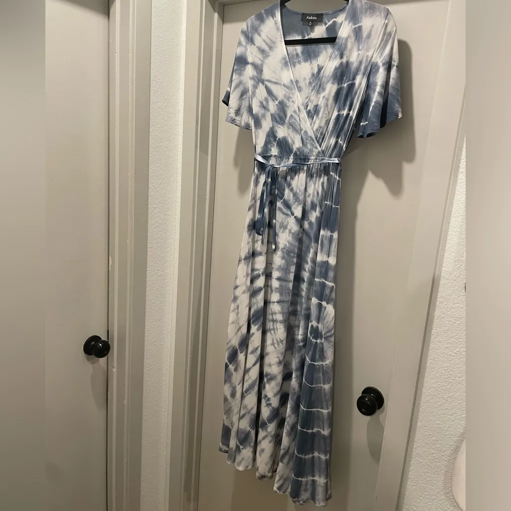 Aakaa Maxi Blue & White Tie Dye Coastal Maxi Short Sleeve Wrap Dress - S - Image 6