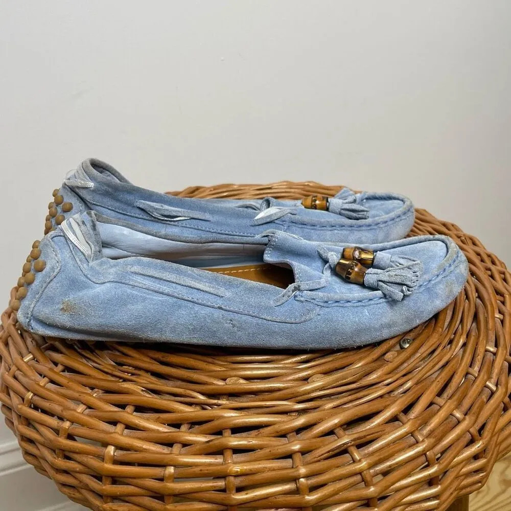 Gucci Moccasin Suede Driver Loafer Flats Slip On Light Blue Bamboo Tassel 7‎ - Image 5