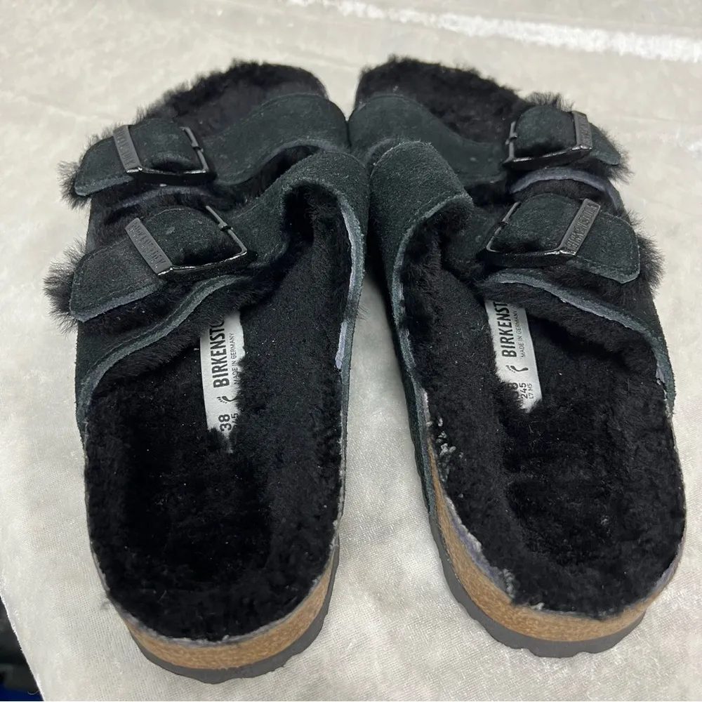 Arizona Fur Shearling Suede Leather Black Sandals EU 38 - Image 4