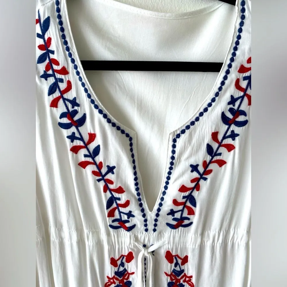 Boho Embroidered Tunic Dress OS/L Floral Plunge Neck Tunic Swim Coverup Kaftan White Size L - Image 4