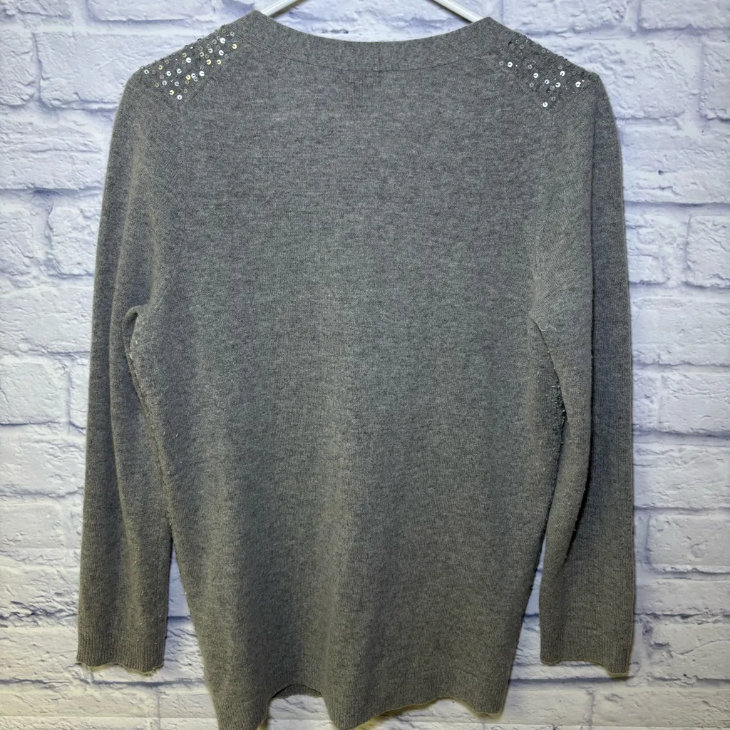 Talbots Sequin Cardigan Sweater Lambswool Business Casual Career Church Gray Tan - Image 7