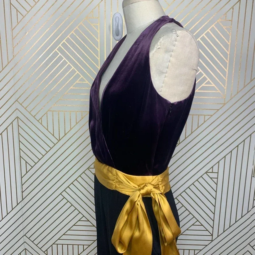 Ramy Brook Nina Jumpsuit Purple Velvet Black Yellow Sash Size‎ US 2 - Image 6