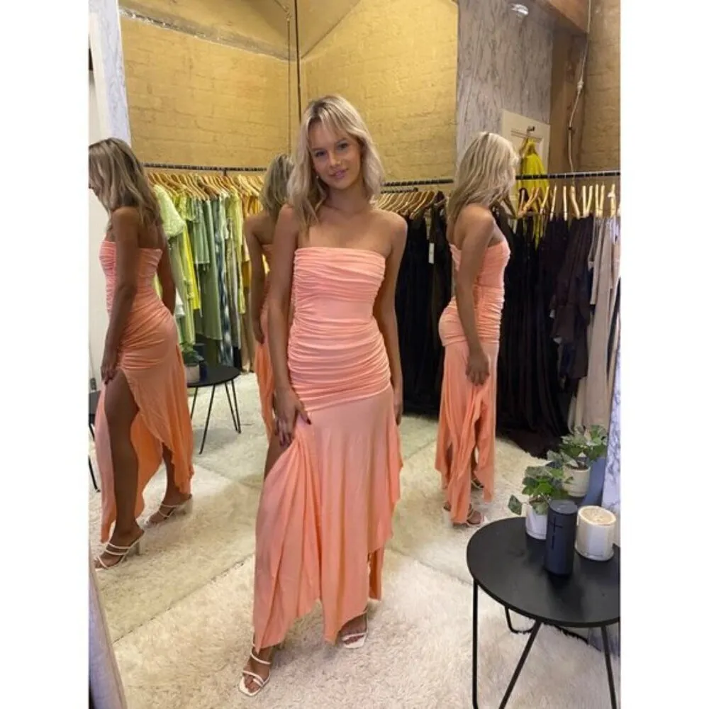 HOUSE OF CB Ivana Gathered Asymmetric Dress in Apricot Size Medium - Image 2