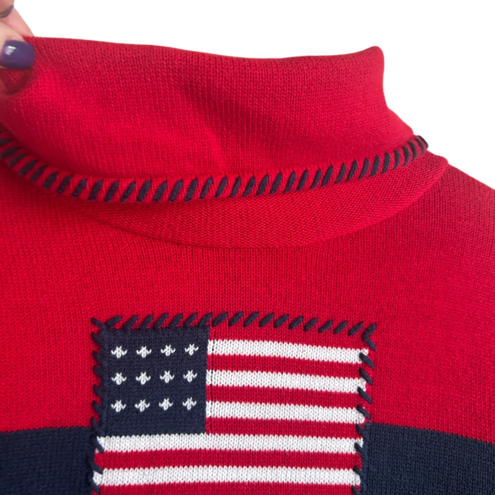 VTG Austin Clothing Women Sweater L Cowl Neck Knitted American Flag Patriotic Blue Size L - Image 6