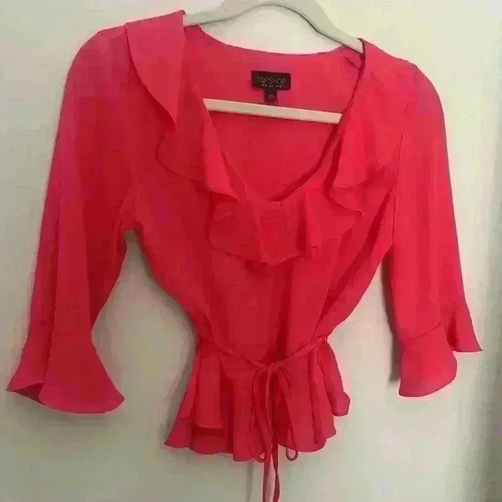 TOPSHOP Peplum Ruffle Blouse Hot Pink Crepe Top 3/4 Bell Sleeve Belt Size 4 - Image 4