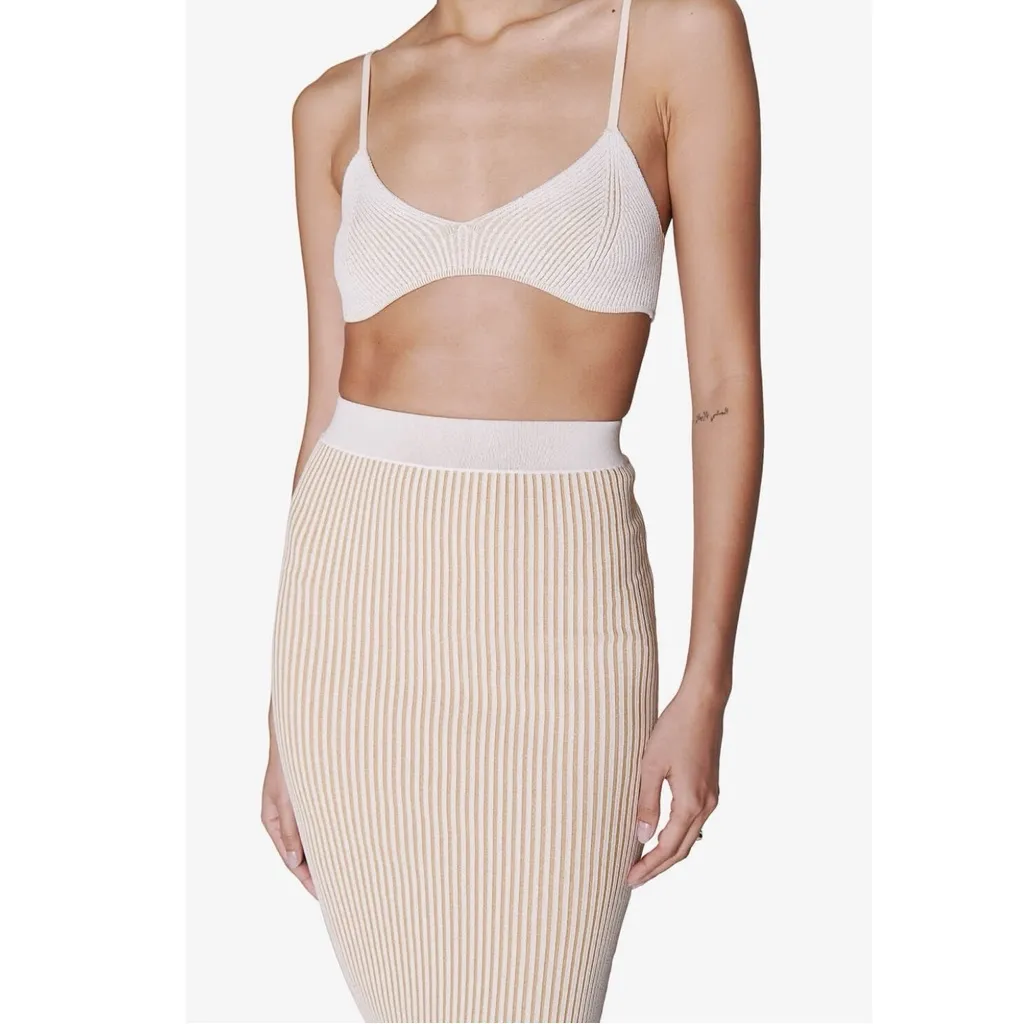 Anine Bing Julian Ribbed Knit Midi Skirt in Ivory and Camel Size Small Bodycon - Image 6