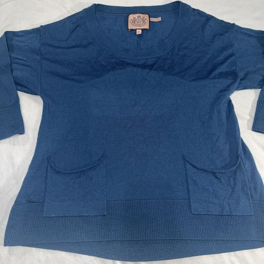 Juicy Couture 100% Wool 3/4 Sleeve Blue Pullover Sweater Open Back S P Small - Image 2