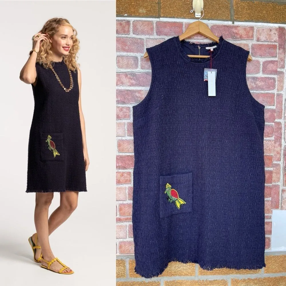 FRANCES VALENTINE Twiggy Fringe Dress Cotton Boucle Navy size 1 X Blue - Image 2