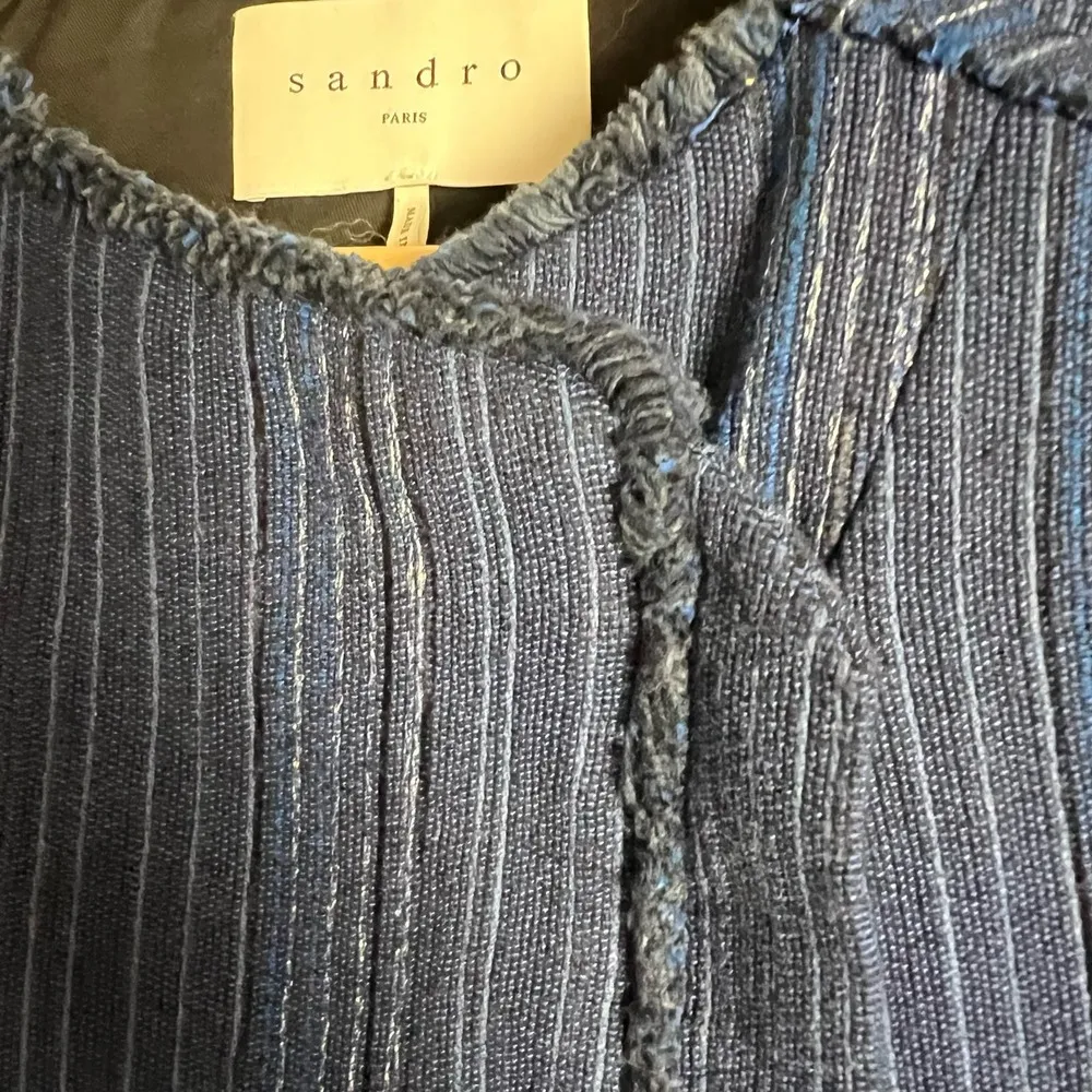 Sandro Asymmetrical Zip Up Frayed Striped Cropped Blue Jacket Size L - Image 9