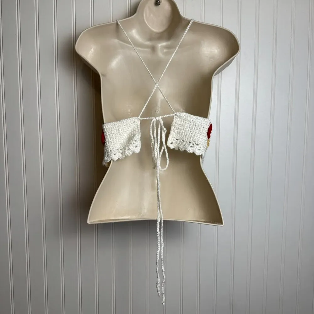 White crochet cropped tank mushroom detail handmade fits like small R1 Red - Image 5