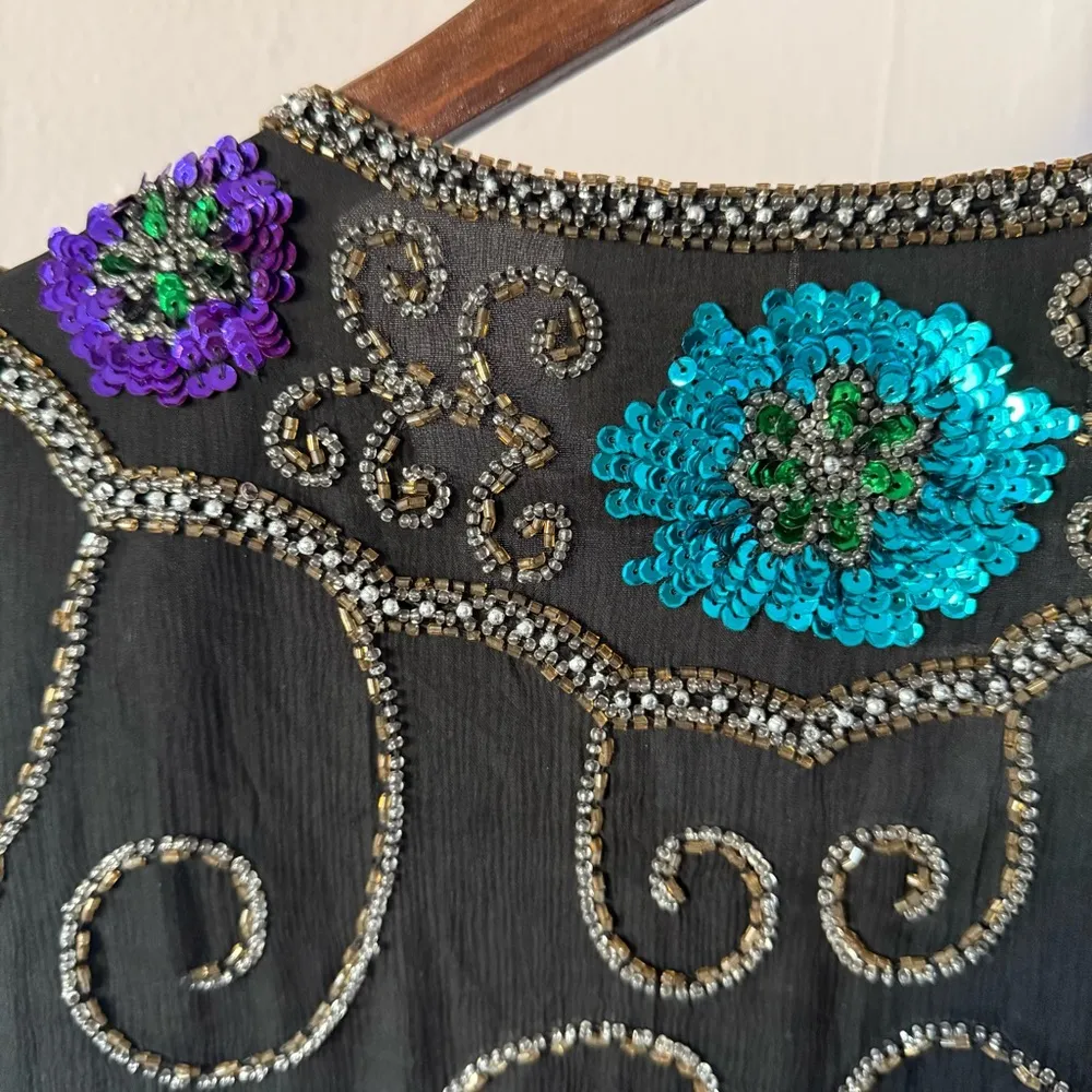 Vintage Joseph Le Bon 100% silk XL beaded cape formal blouse event funky 1980s Black - Image 9