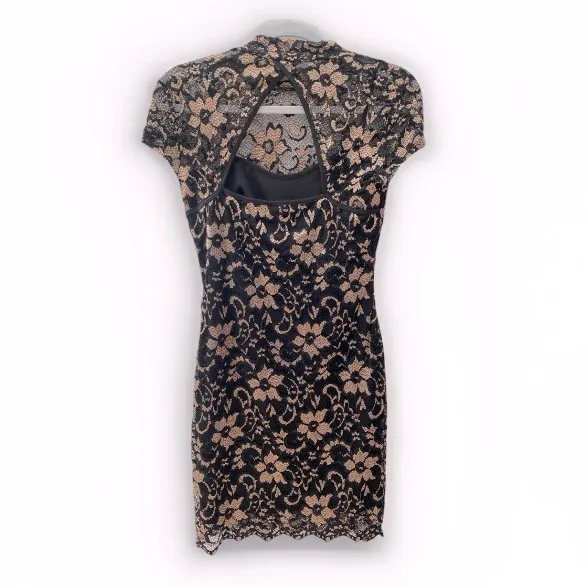 Lace Bodycon Dress Sz Medium Black & Gold Sheer Asian Y2K Whimsigoth Vamp Party - Image 7
