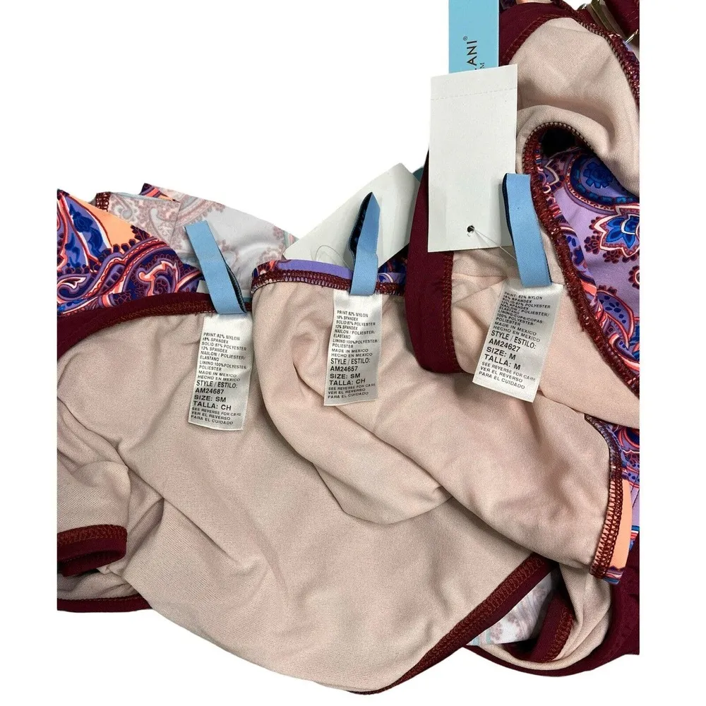 New Antonio Melani Bikini Womens S M Paisley 3 Piece Swimsuit Set Skirt Purple - Image 6