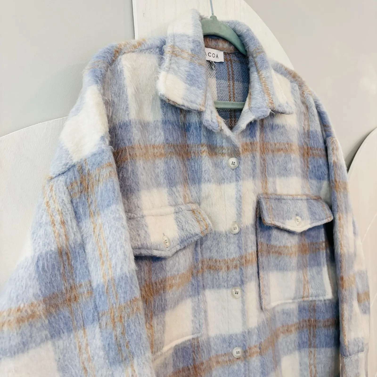ACOA Plaid Shacket Blue Beige Fuzzy Button Front Chest Pockets Jacket Size S/M Size M - Image 3