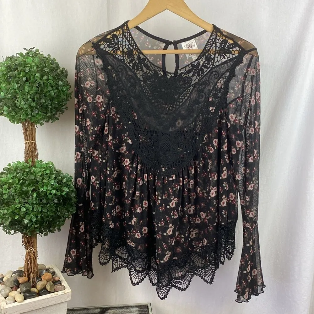Self Esteem Black Floral Print Sheer Long Sleeve Crochet Lace Blouse Top XL - Image 2