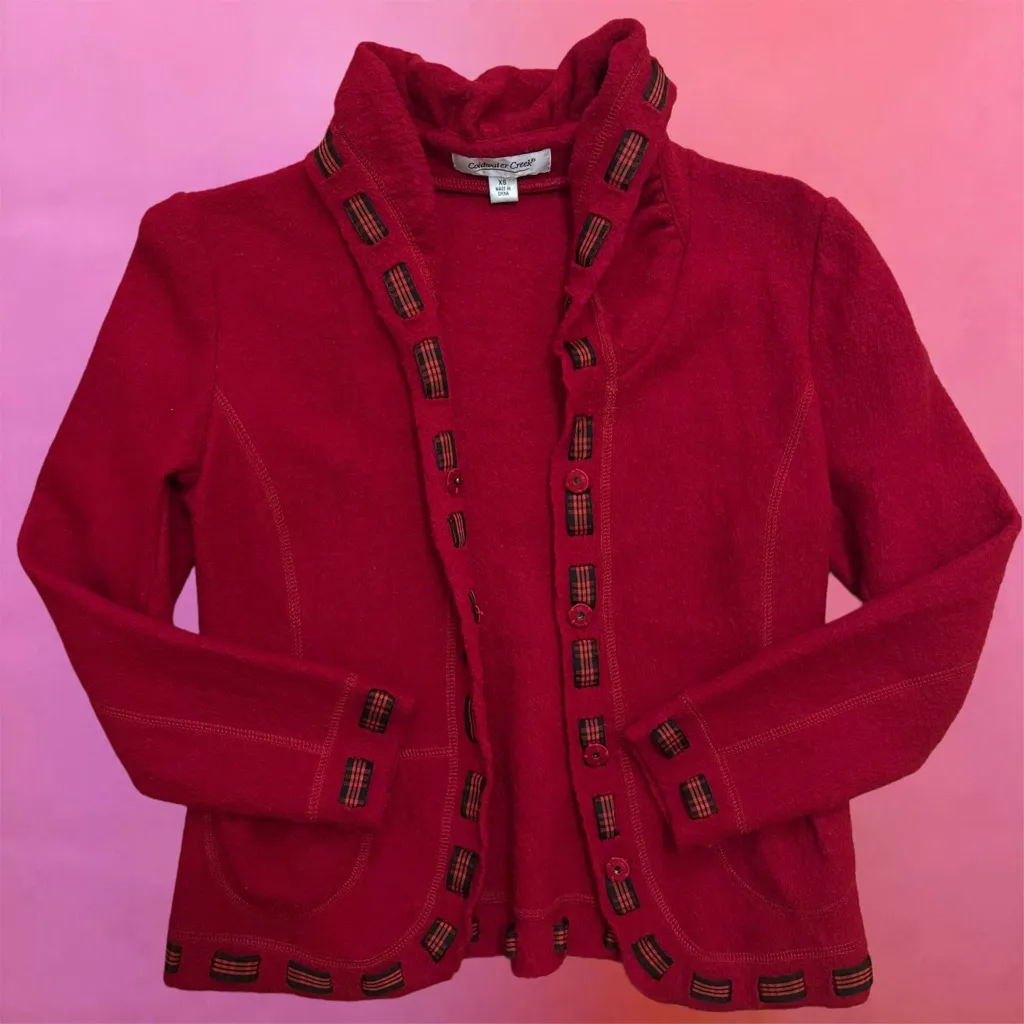 Vintage 90s Y2K Red Wool Button-Up Jacket with Black Plaid Trim - Extra Small - Image 7