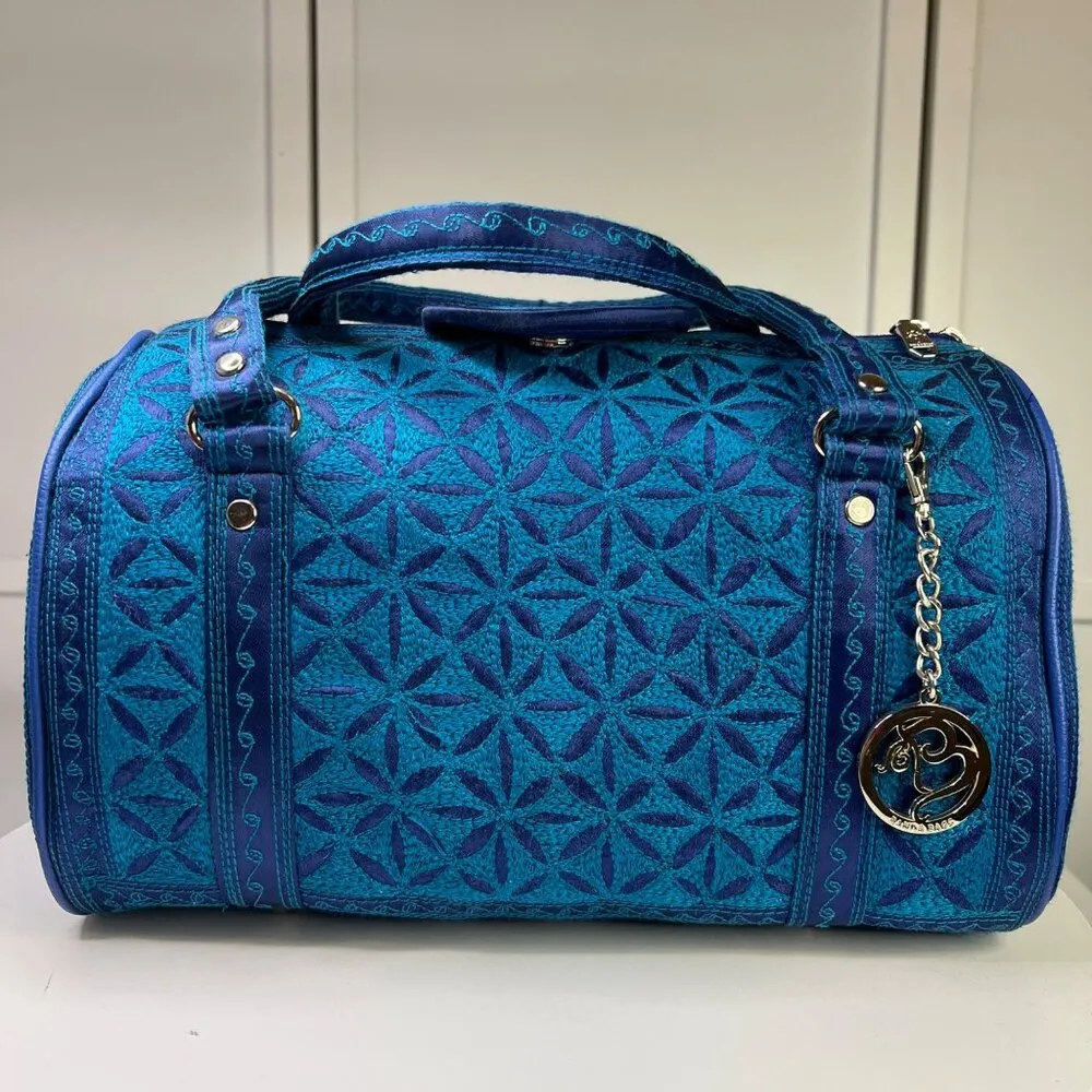 Blue Banda Barrel Bag With Intricate Embroidery & Detachable Charm - Image 4