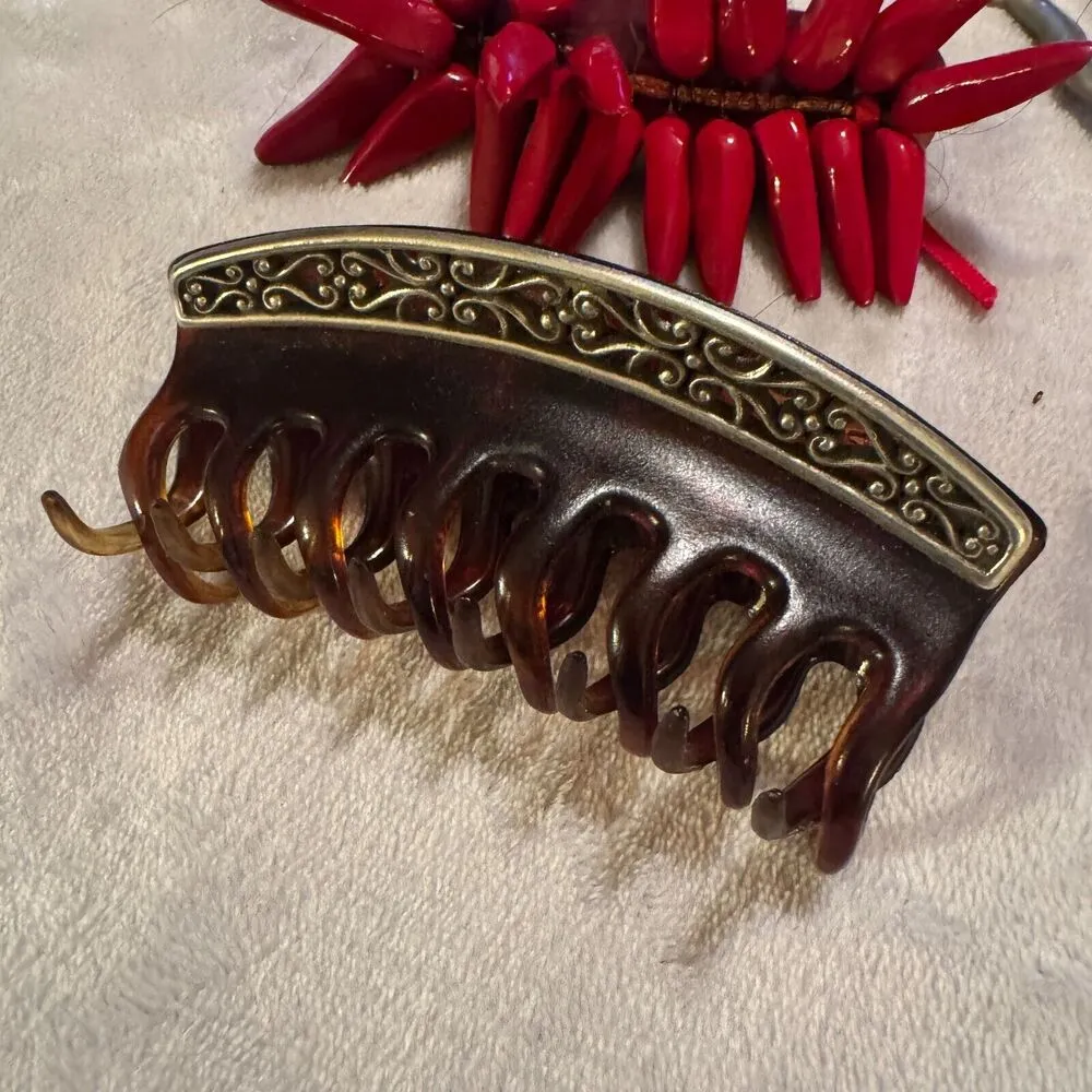 Vintage Lot Hair Accessories Clips Barrettes Tortoise Guitar leather France - Image 3