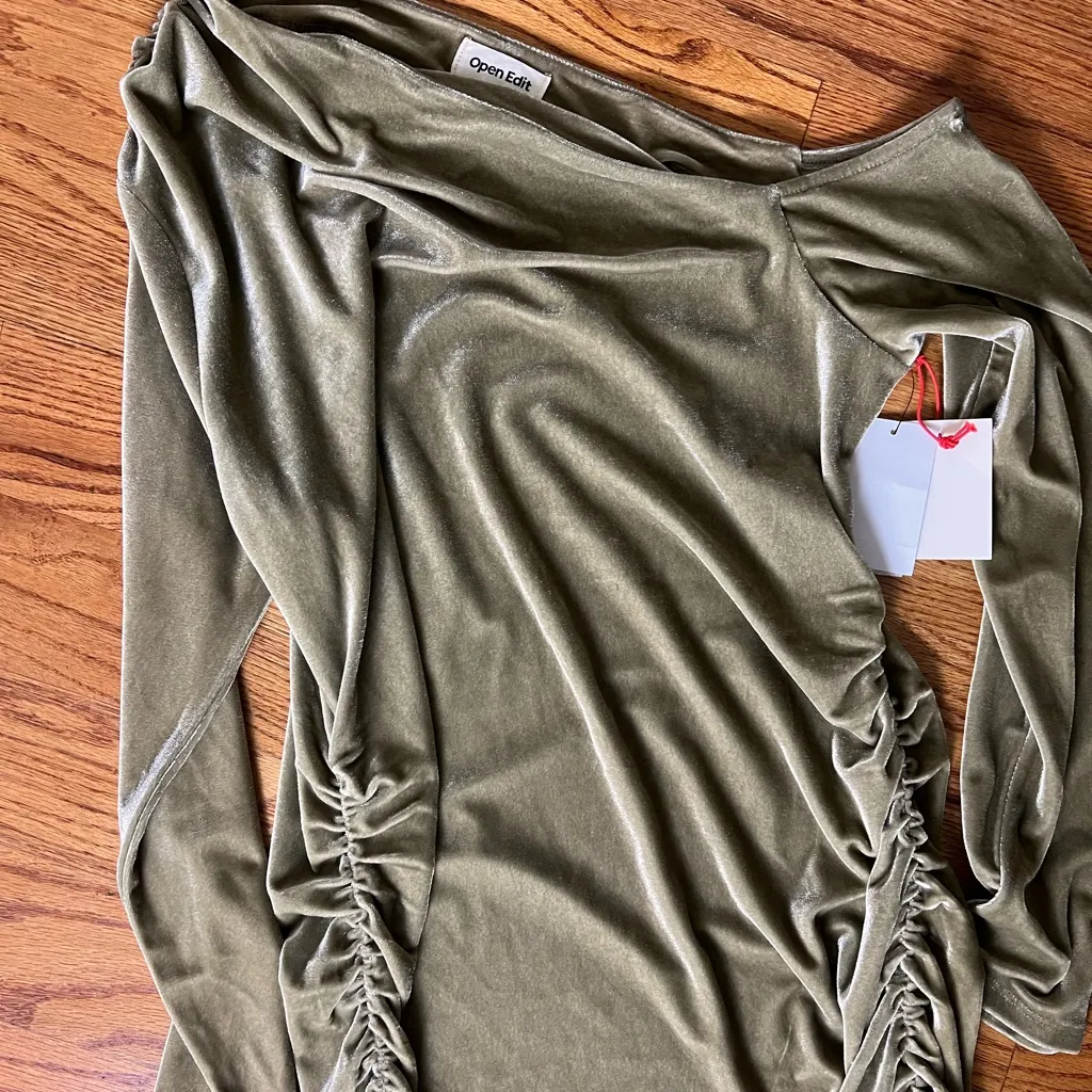 Open Edit Golden Olive Green Ruched Dress NWT - Image 3