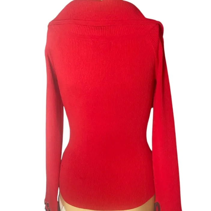 Camille La Vie Red Ribbed Knit Beaded Zip-Up Cardigan Sweater, Size M - Image 4