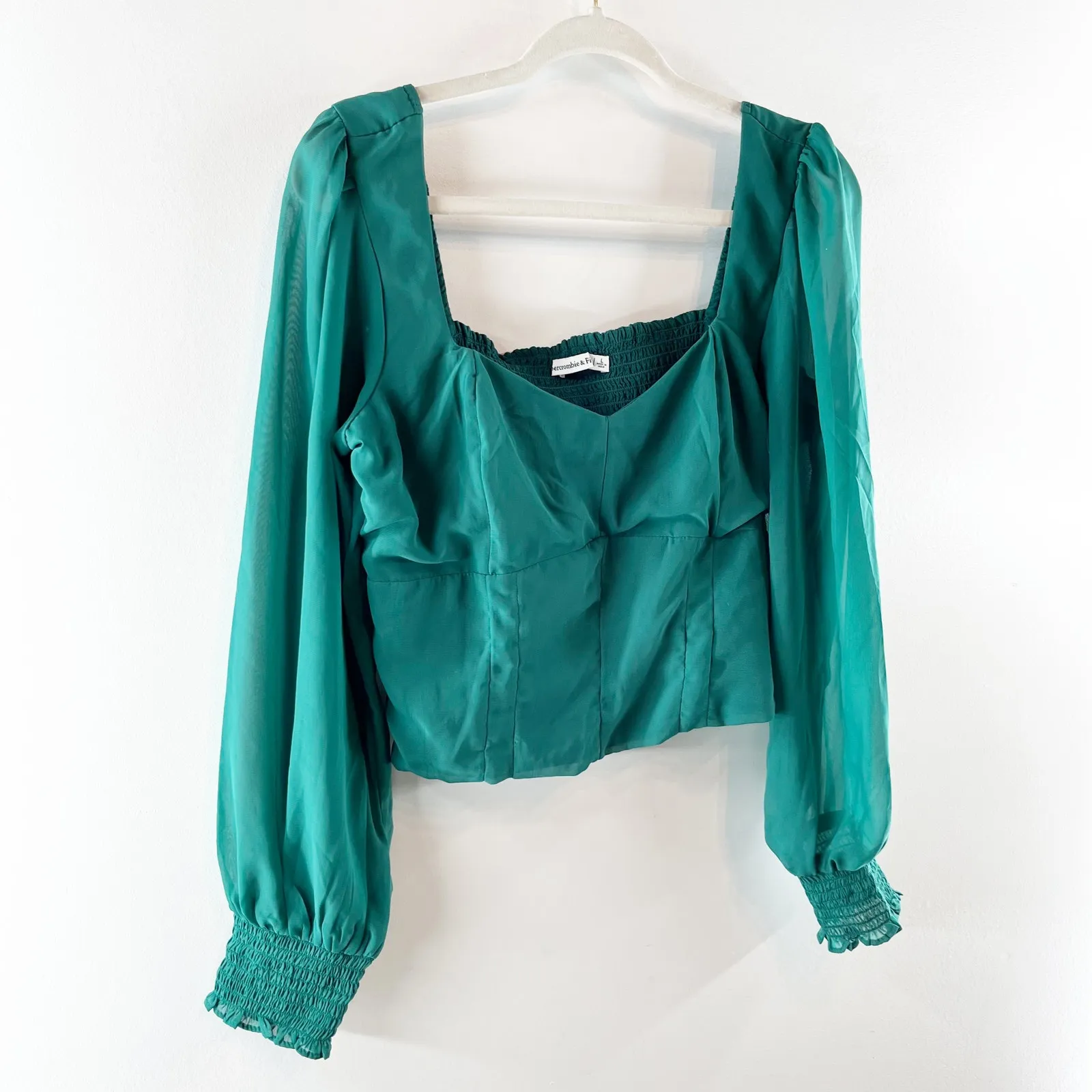 Abercrombie & Fitch Long Sleeve Sweetheart Neck Smocked Back Corset Top Green L - Image 8