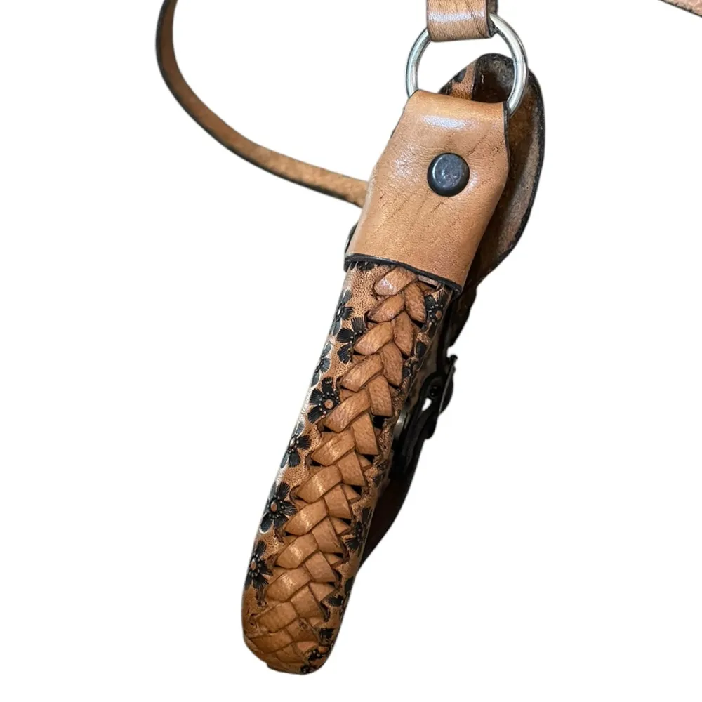 Handmade Leather Boho Hippie Earthy Natural Tan Floral Braided Crossbody Bag - Image 4