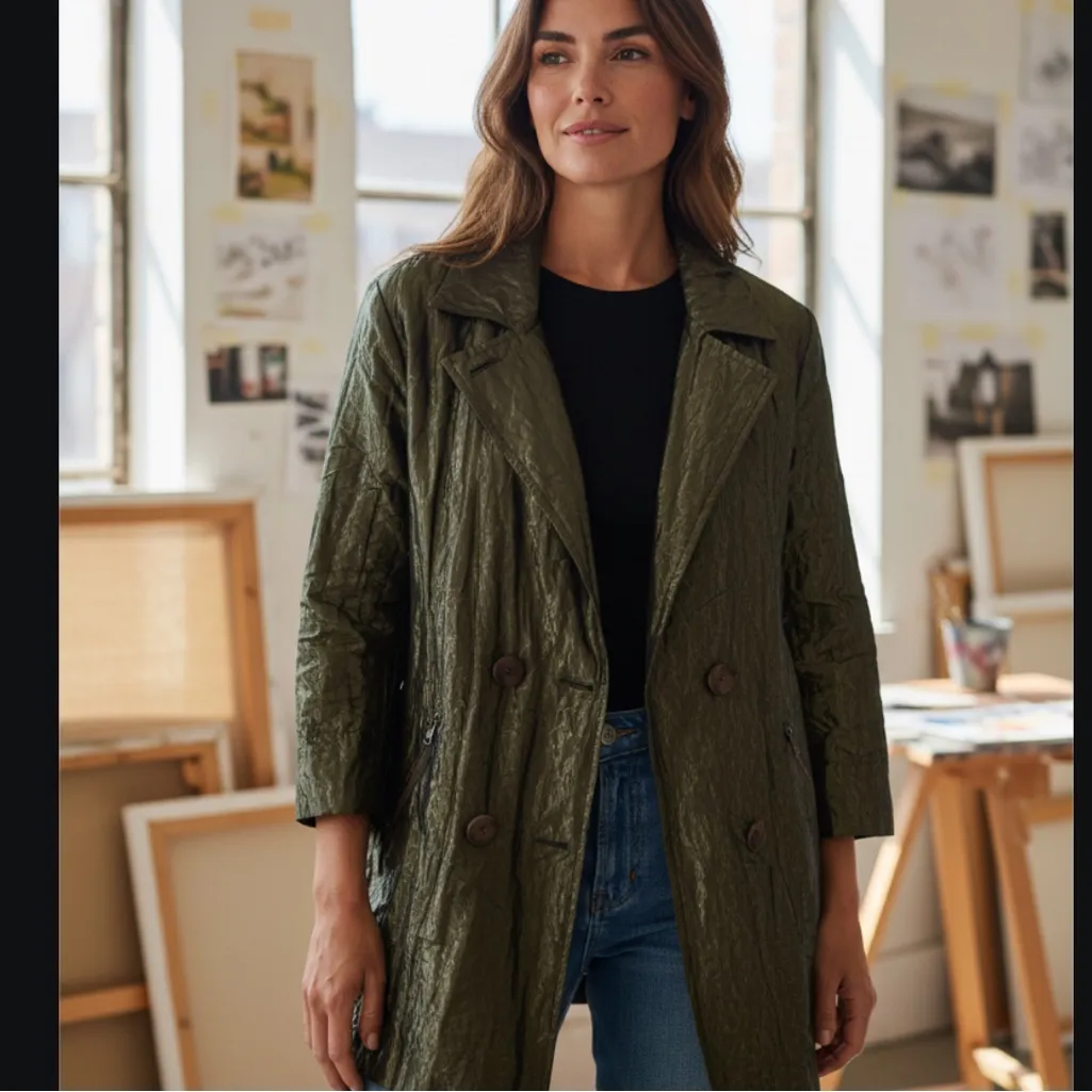 Vintage Carlisle Metallic Crinkled Double Breasted Green 3/4 Sleeve Pea Coat 8 - Image 7