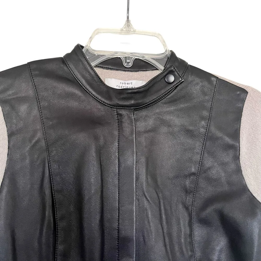Robert Rodriguez Black Leather Beige Knit Mixed Media Motorcycle Jacket Size S - Image 3