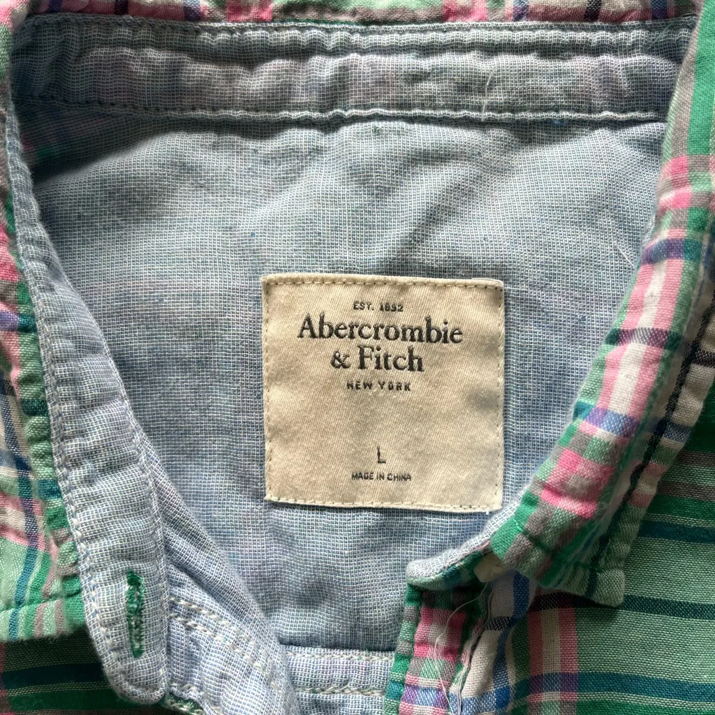 Abercrombie & Fitch Green and White Button Down Plaid Striped Shirt SZ L Collar - Image 13