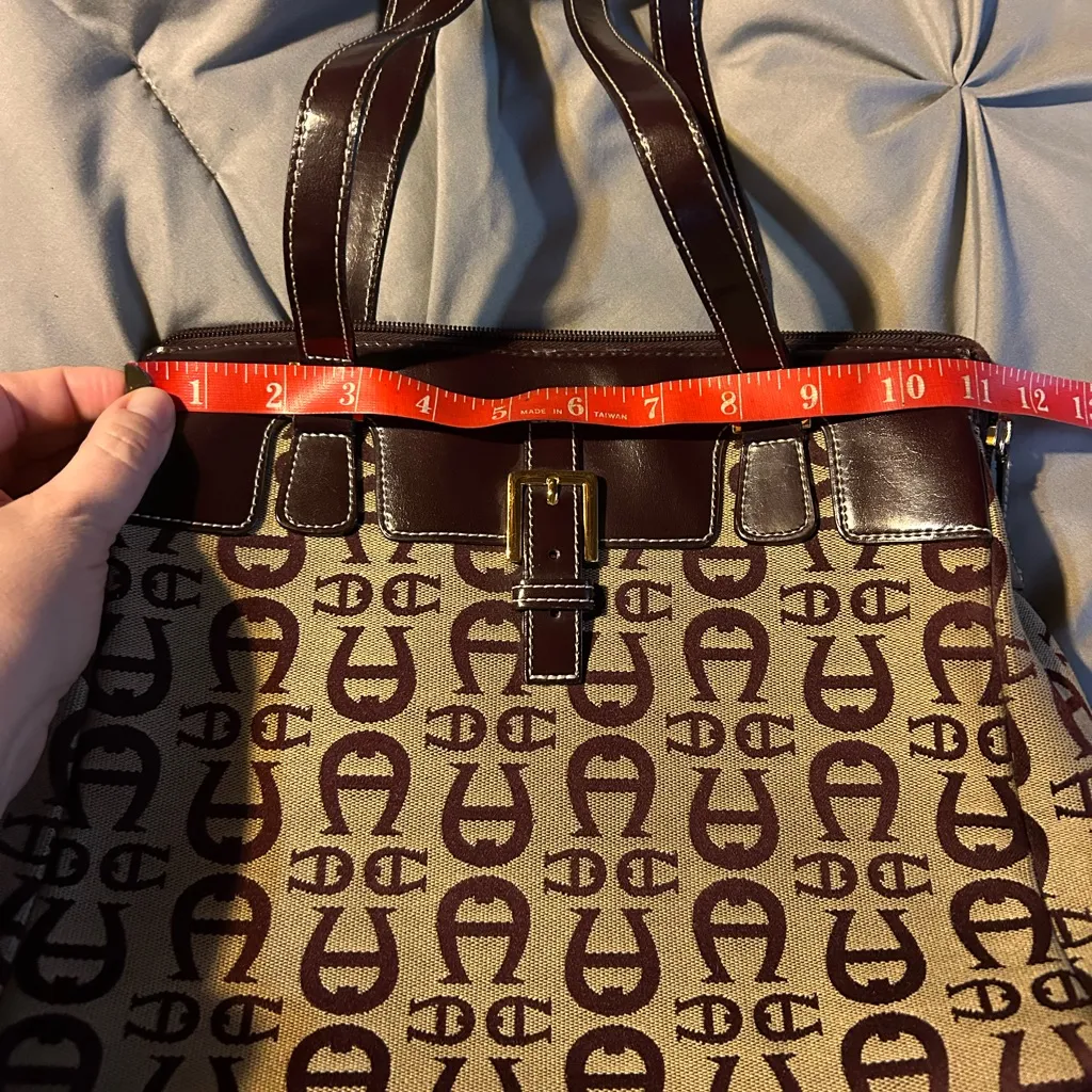 Vtg Etienne Aigner Tan Brown Logo Fabric Leather Bag Purse Shoulder Bag 12x10 - Image 2