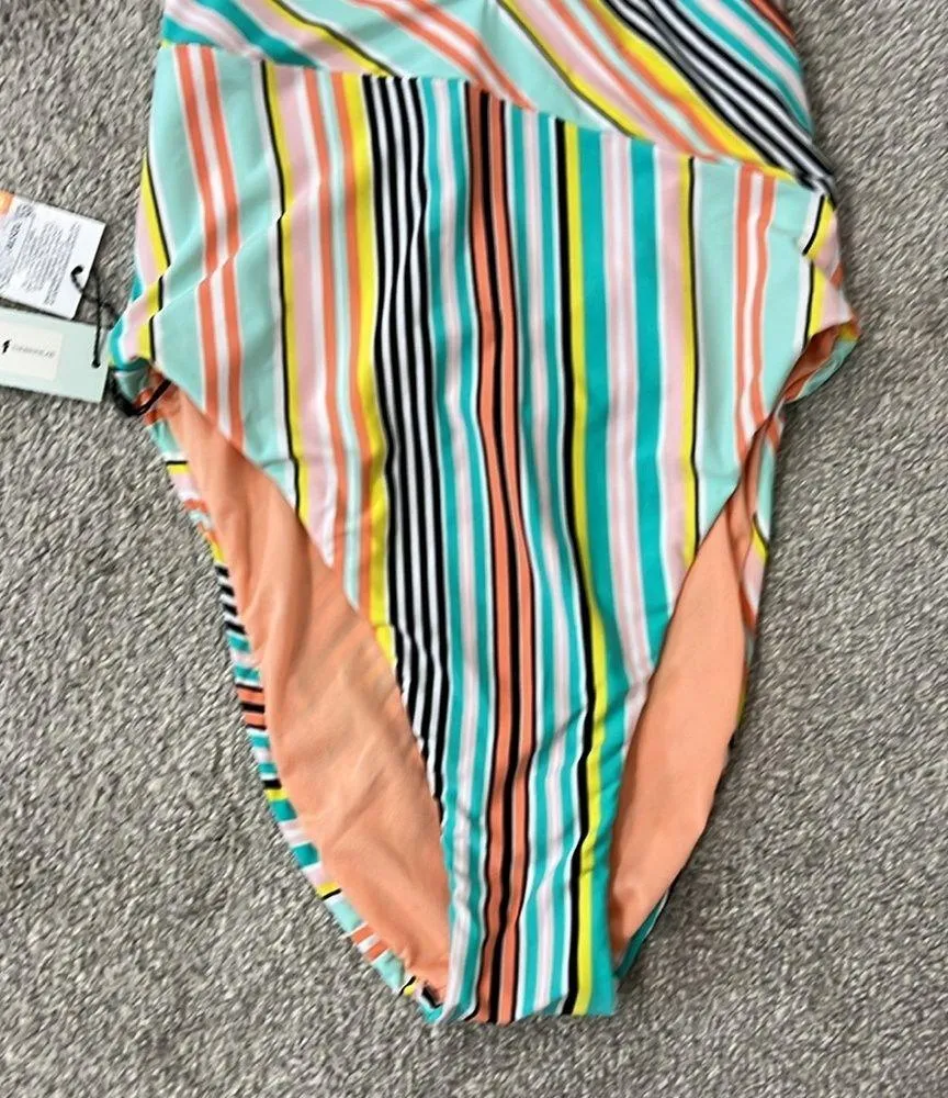 New Bikini Lab Small Blue, Orange Asymmetrical Plunge Halter One Piece Swim Suit - Image 6