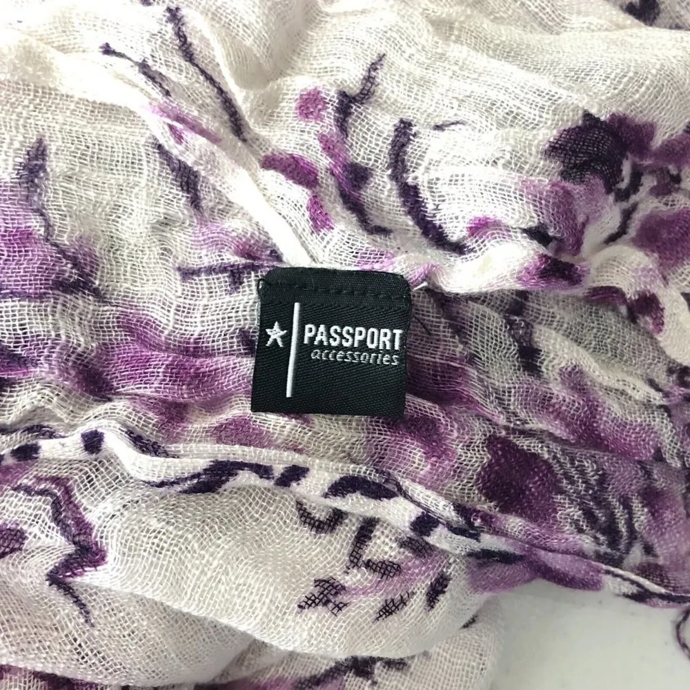 Passport Accessories Womens Scarf Sheer Floral Fringe Ivory Purple 69x20 - Image 4