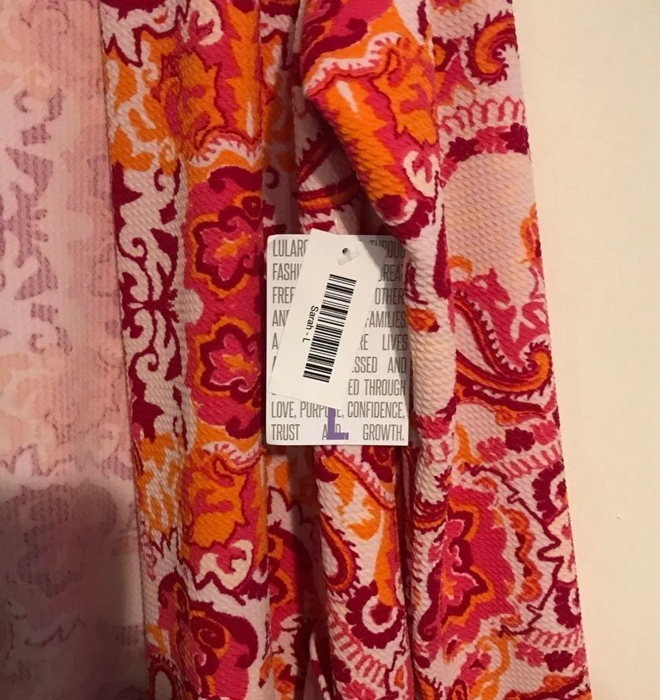 LuLaRoe Cardigan Sarah Pinks & Oranges on White Floral & Paisley Sz L BNWT - Image 3