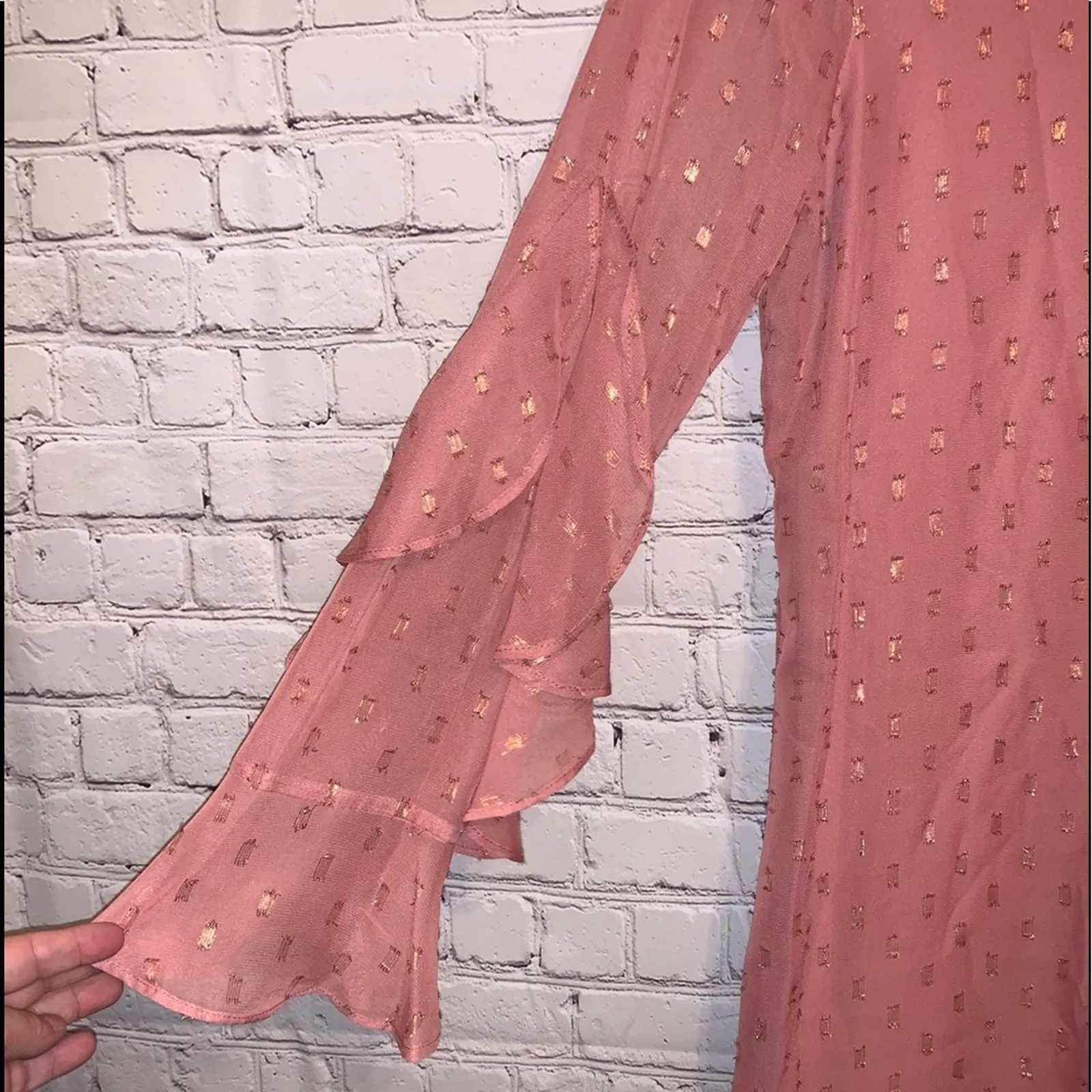 NWT I.N. San Francisco Pink Swiss Dot Ruffle Sleeve Tie Back Dress - Image 2