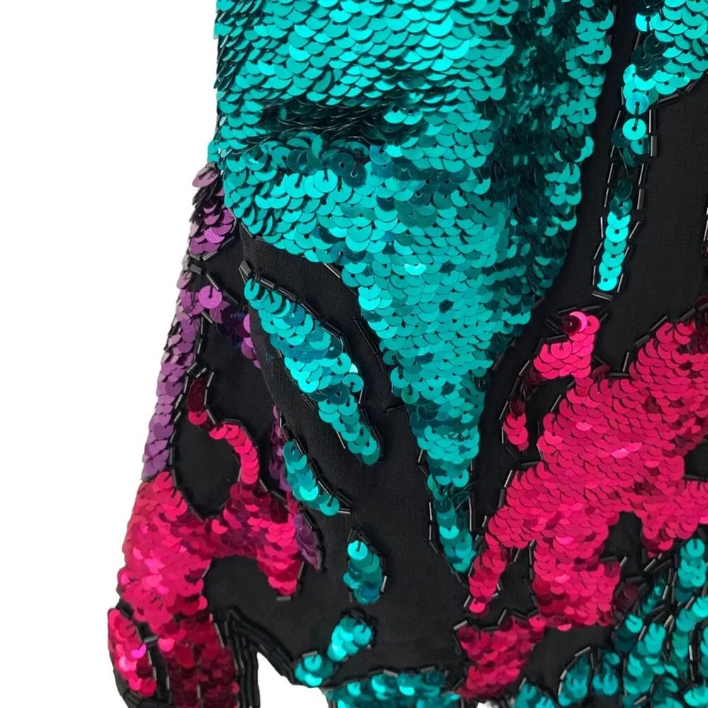 Vintage Black Pink Green Silk Sequin Blouse Tank Size large disco 70s look - Image 5