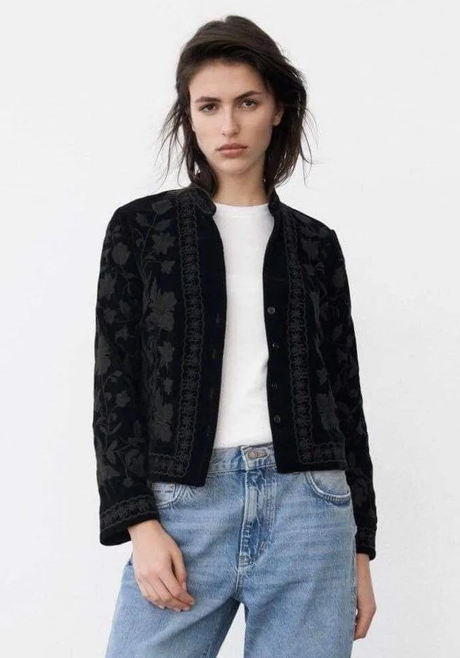ZARA Black Velvet Embroidered Kimono Jacket - Image 2