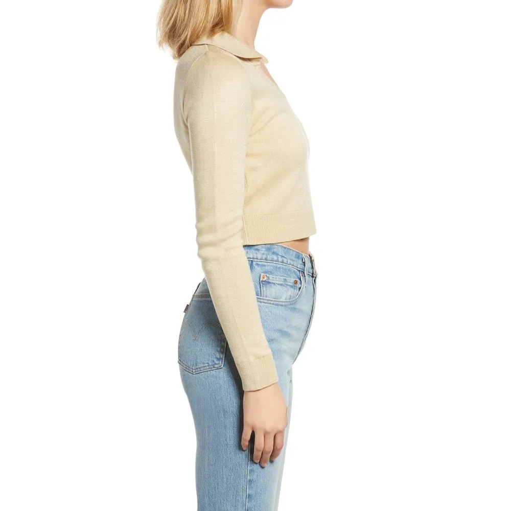 Beige Crop Polo Sweater MEDIUM Monochrome Y2K Soft Preppy Cream NEW - Image 8