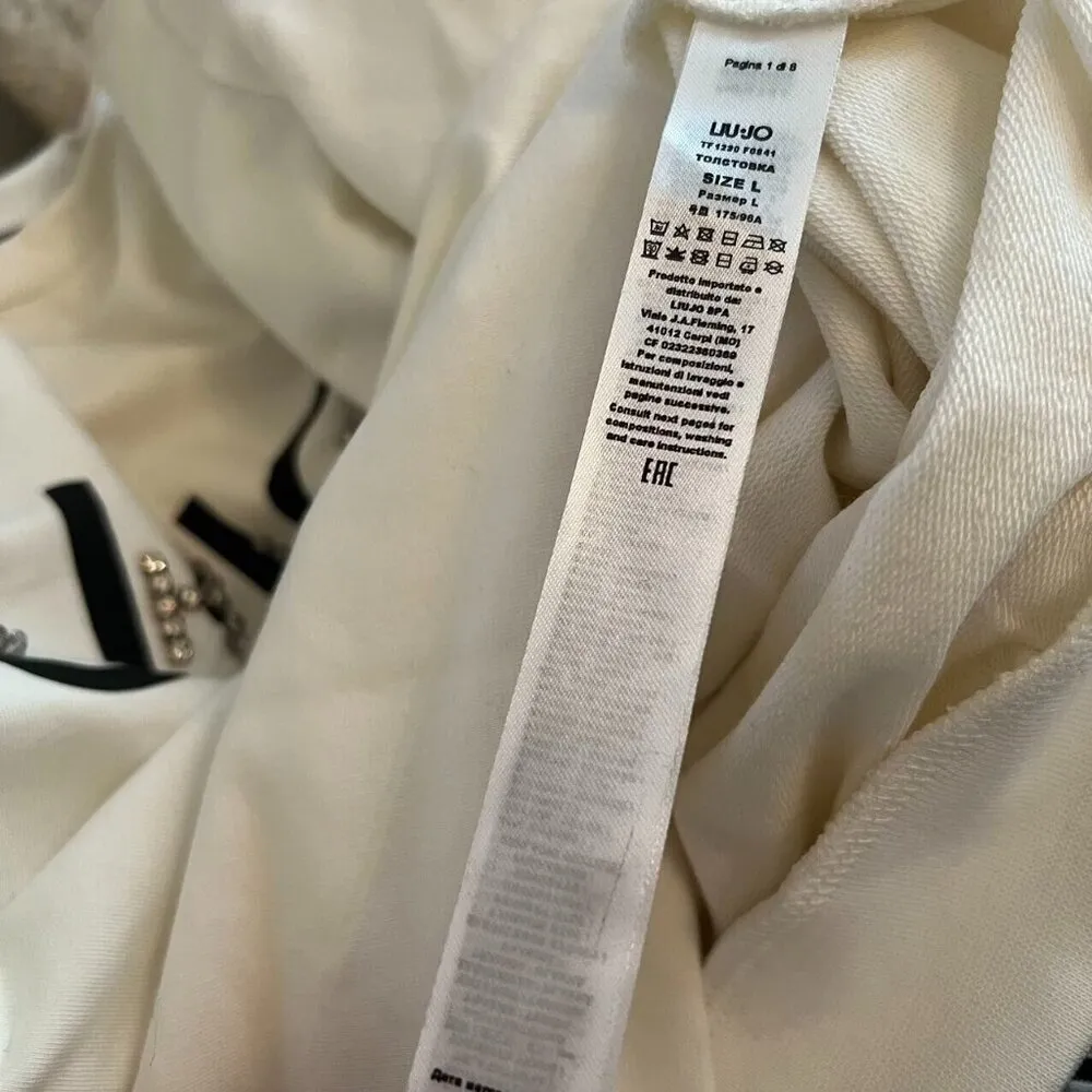 NWOT LIU JO Women's Crystal Logo Sweatshirt Size L Cotton Blend Pullover White Size L - Image 8