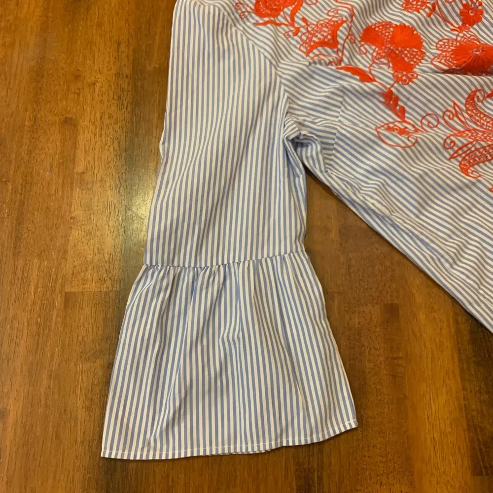 Crown & Ivy top Large Blue White Red Pullover Stripes Embroidered Bell Sleeves - Image 6