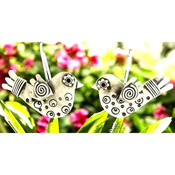 Folk Art Dove Earrings Silver Color Bird New Hammered Helping Hand Heart… - Image 2