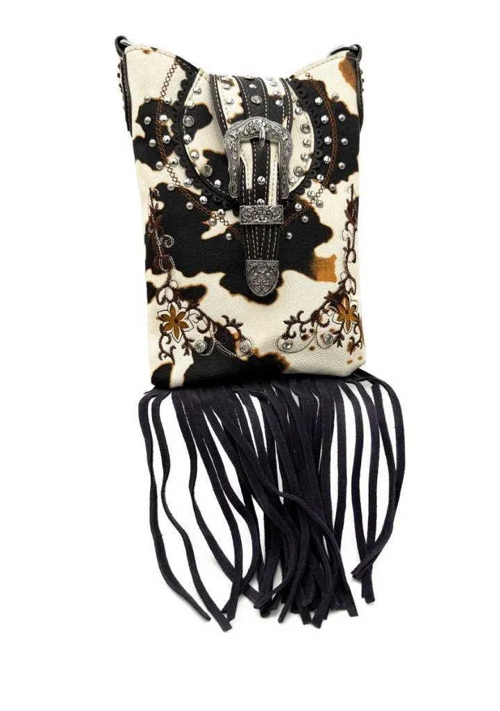 Crown Buckle Cow Print Floral Western Fringe Crossbody Bag Black - Image 1