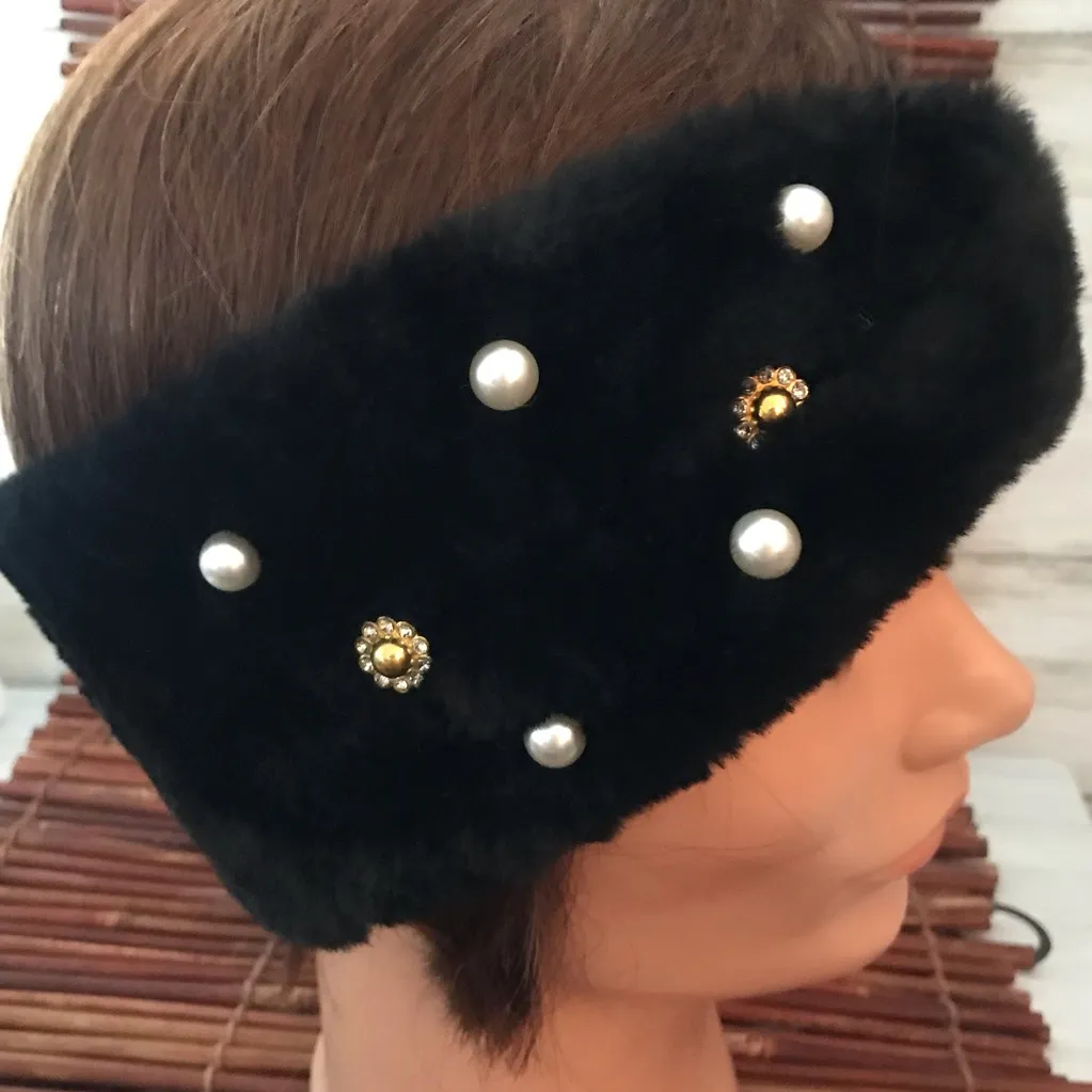 Black Faux Fur Headband Turban Bejeweled - Image 4