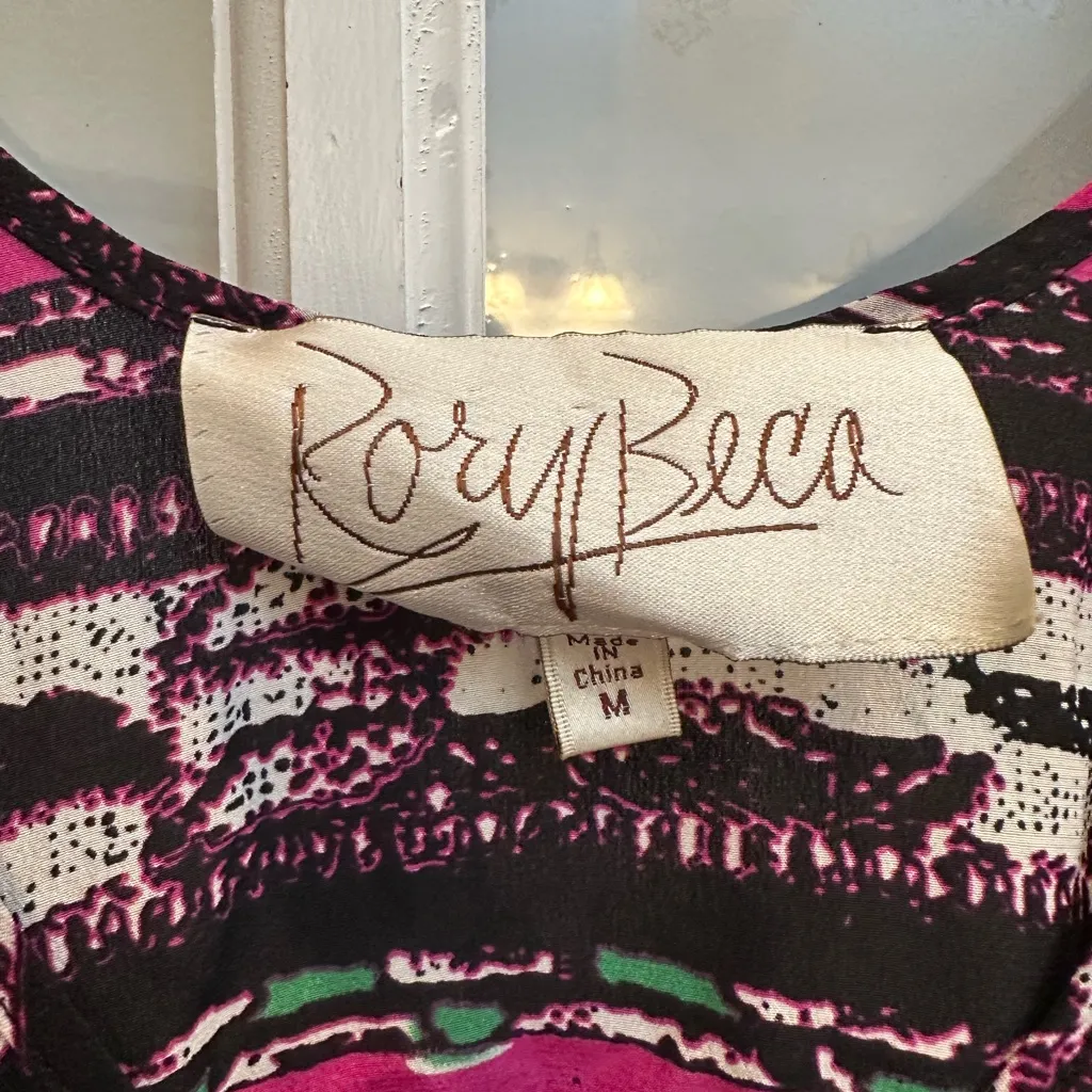 Rory Beca Pink & Black 100% Silk Boho Southwestern Aztec Tie Blouse Top Size M - Image 7