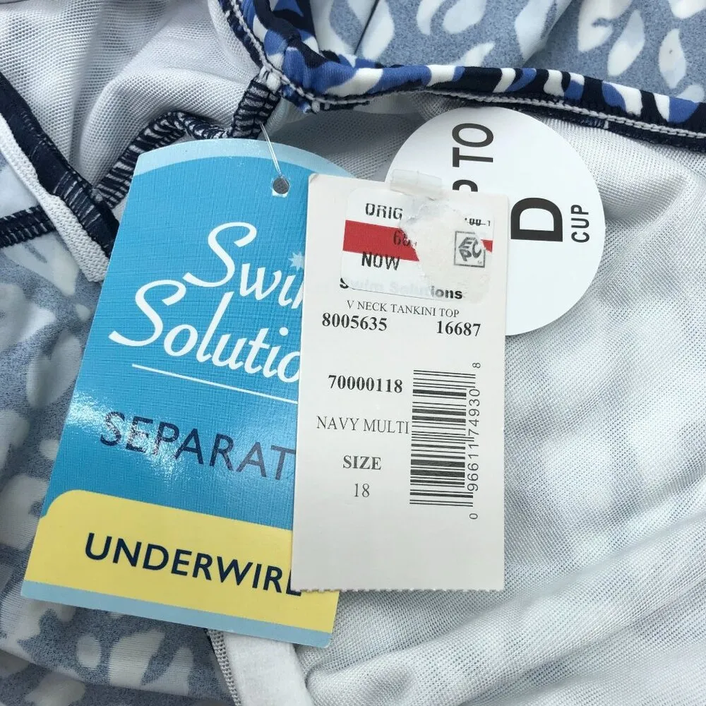 Swim Solutions Navy Multi V Neck Tankini Swim Top Underwire D Cup Size 18 Blue - Image 7