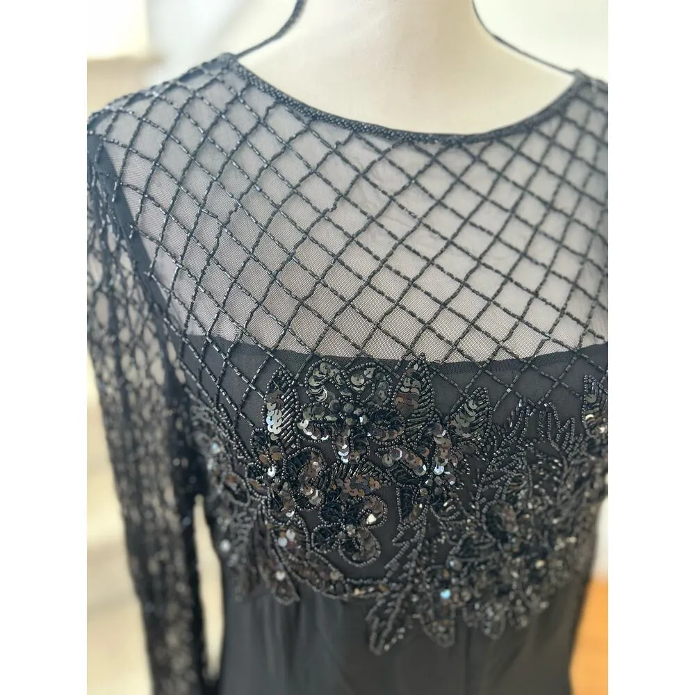 Vintage Jovani Black Silk Beaded Floral Illusion Full Length Maxi Gown - Image 2