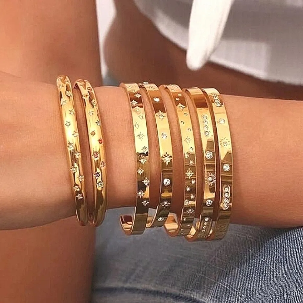 NEW Heavy 18k Gold Simulated Diamond Stars Bangle Cuff Bracelet Sz‎ Adjustable - Image 7