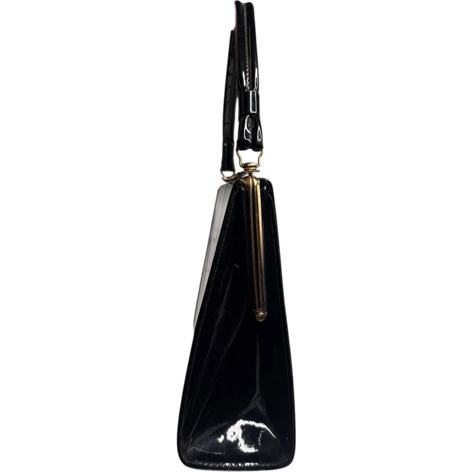 Vintage Aetna Black Patent Leather Box Purse 1960s Structured Frame Handbag - Image 11